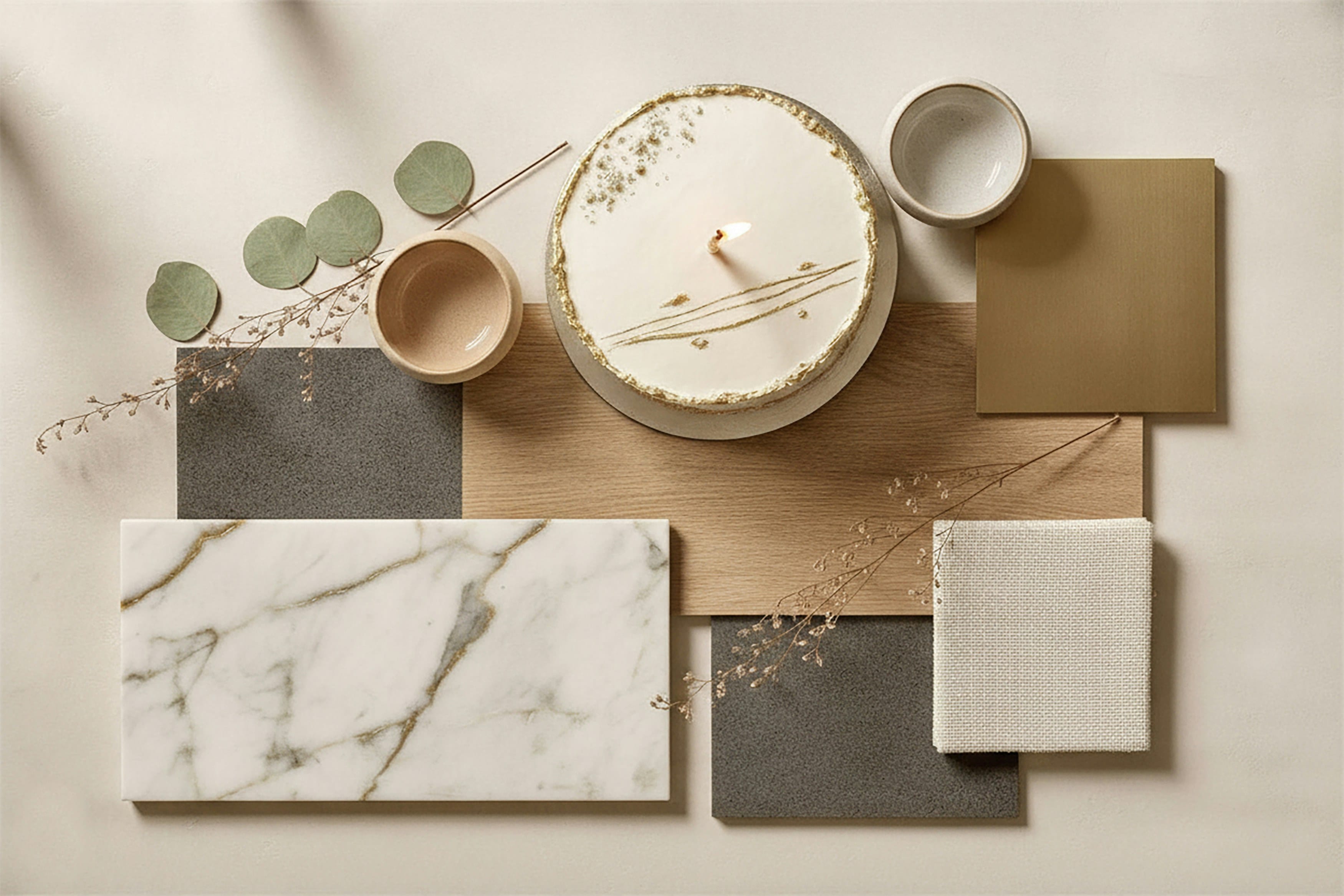 Neutral material moodboard with marble, wood and ceramic samples, top view