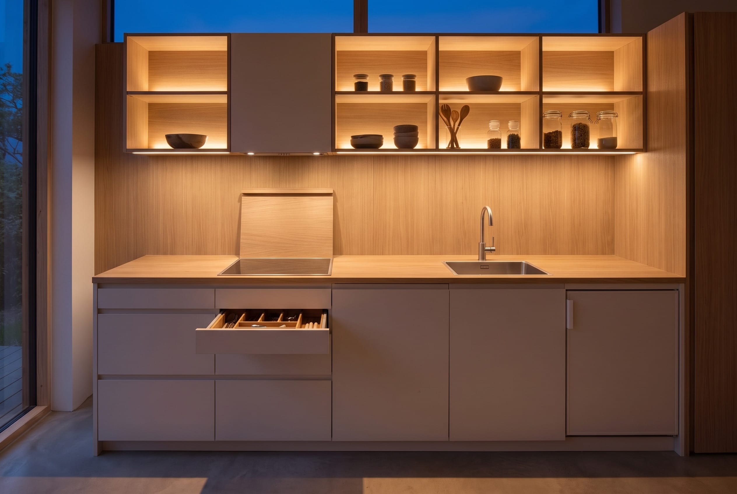 One-wall Studio Kitchen: evening light