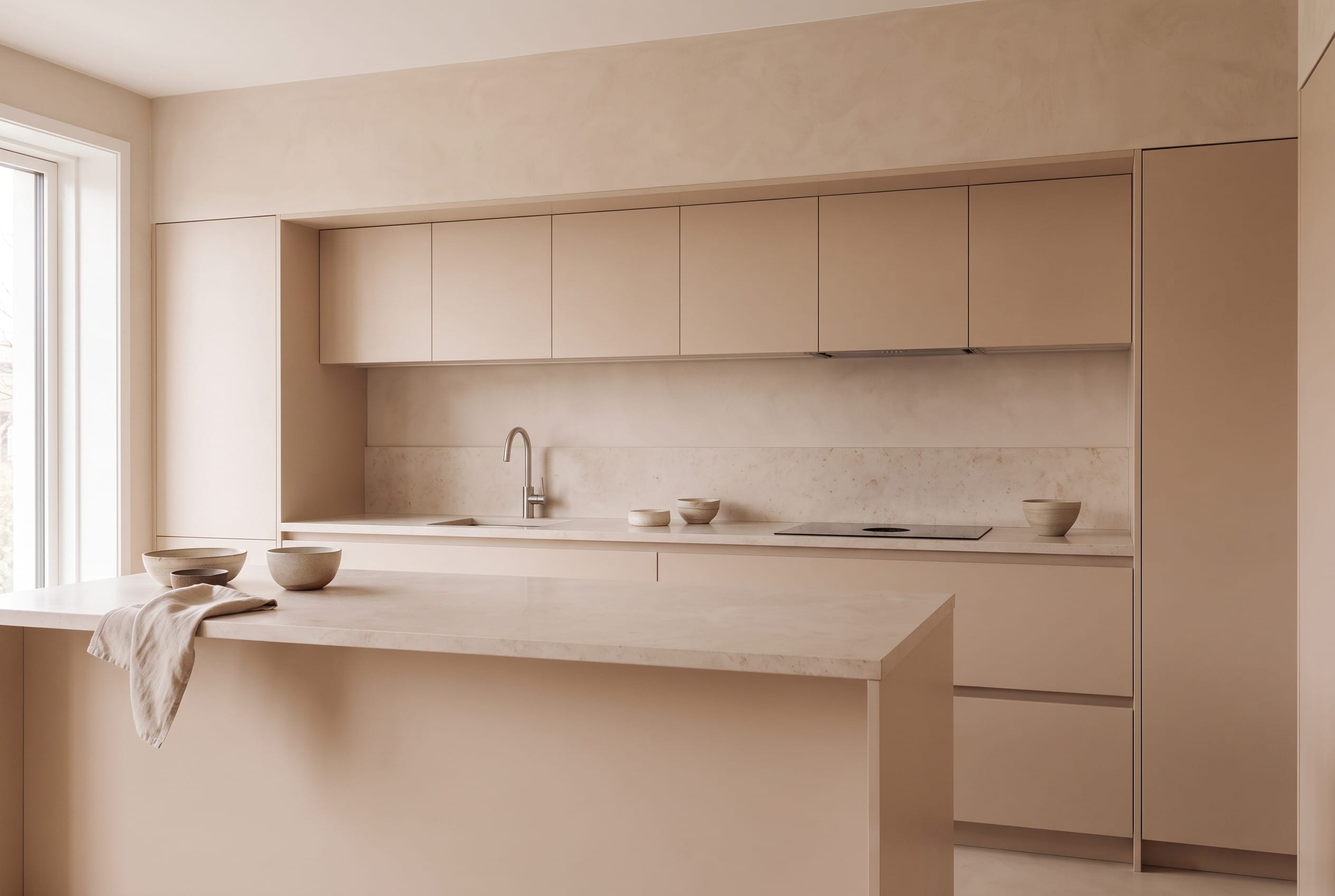 Oat Monochrome Kitchen: island three quarter