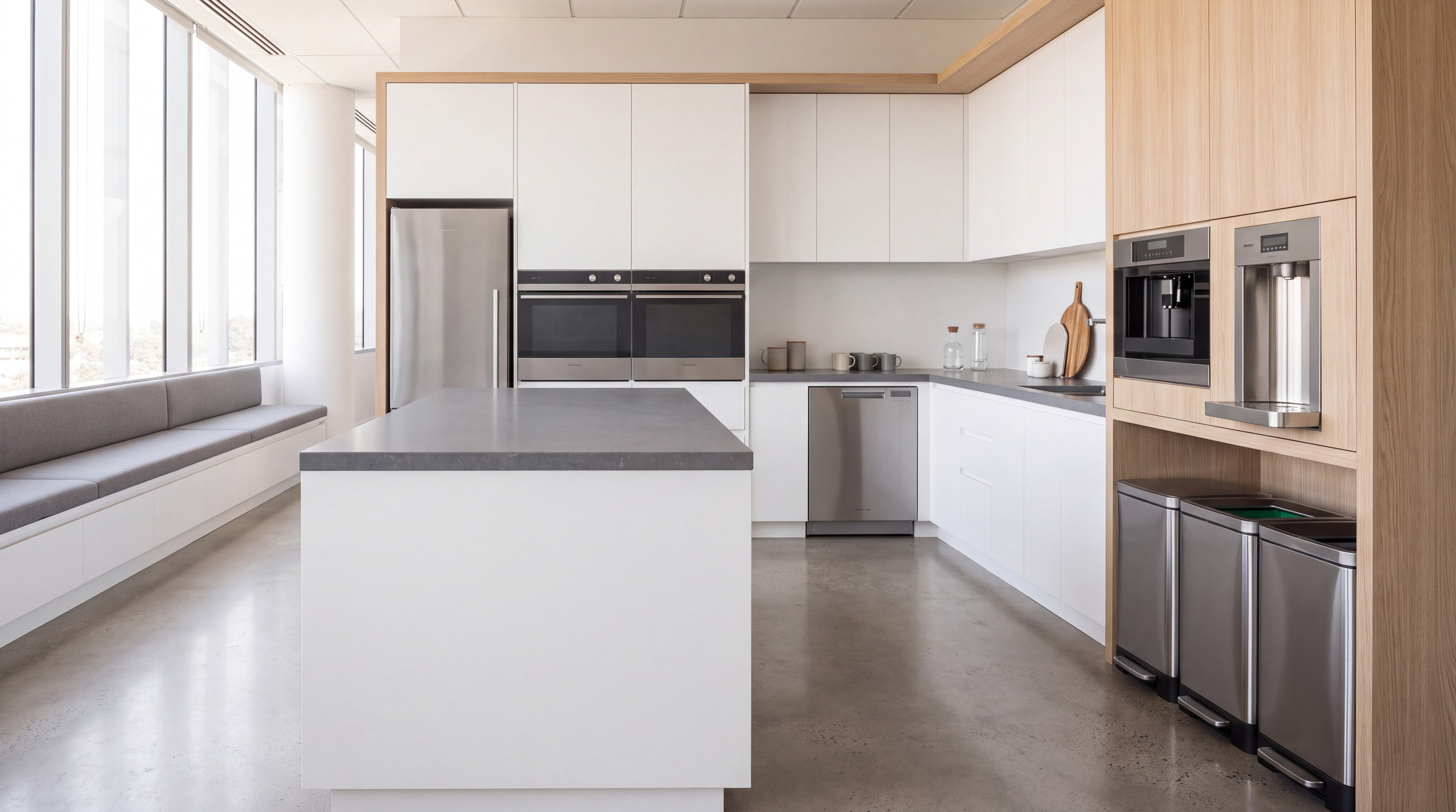 Compact office pantry kitchen in one run of joinery, with sink, hob and tall storage behind matching fronts