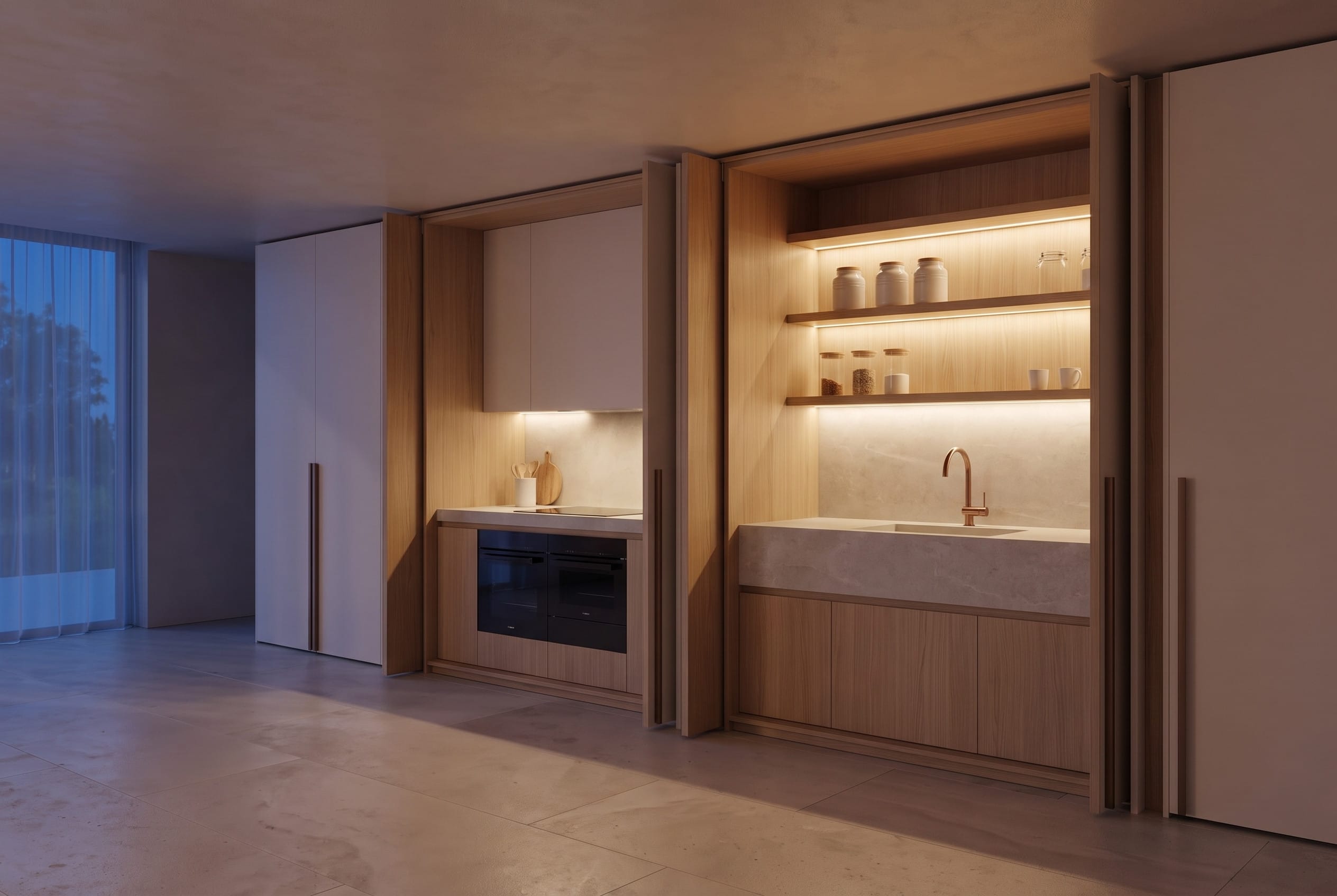 Folding-door Hidden Kitchen: evening light