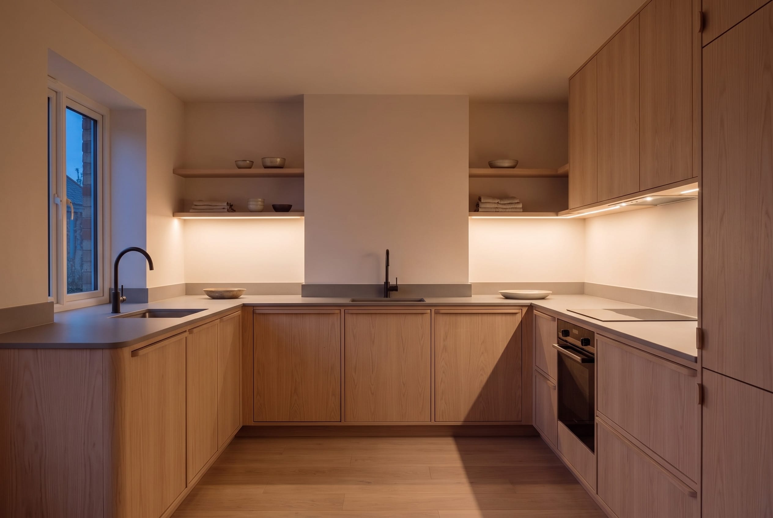 Birch Japandi Kitchen: evening light