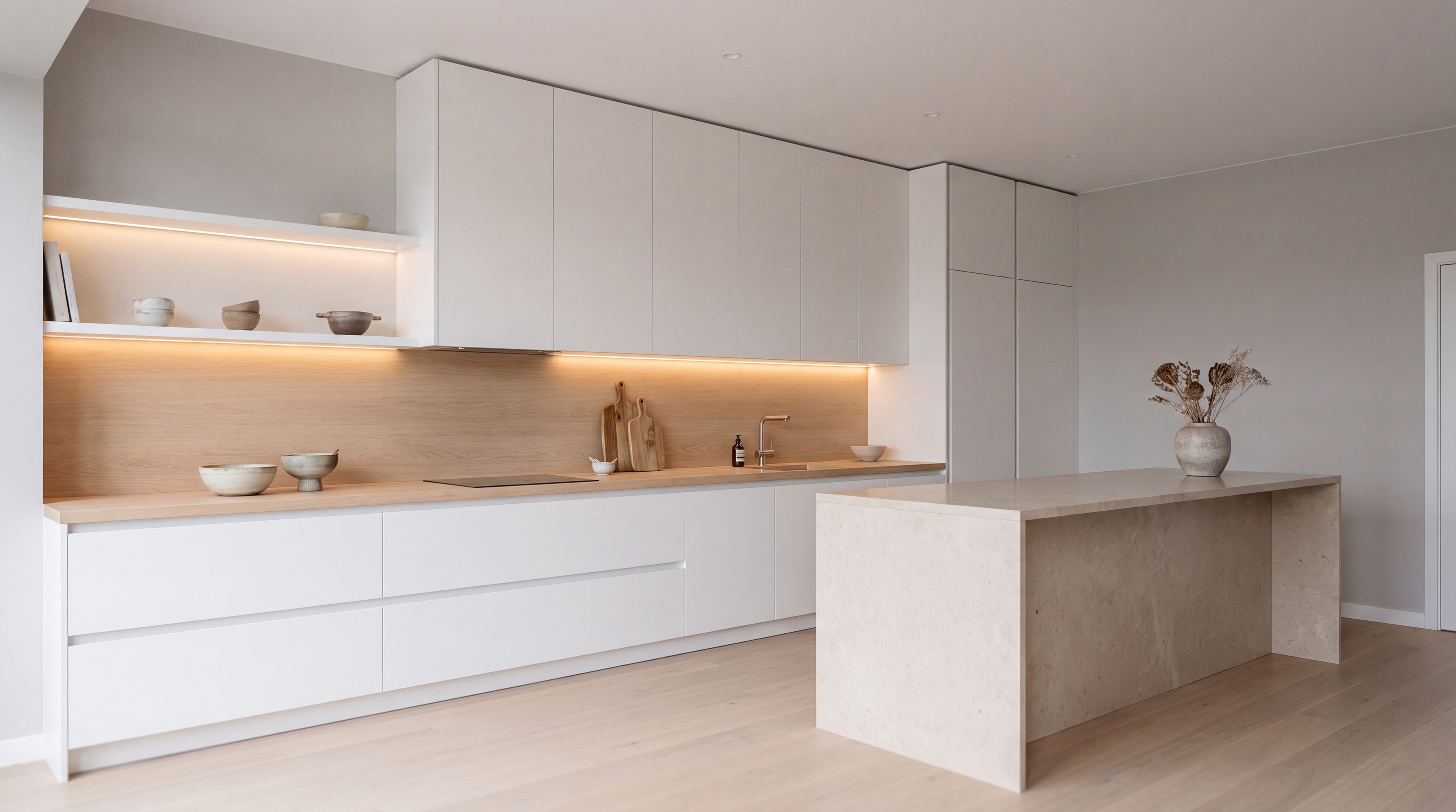 Chalk Handleless Wall Kitchen: wide view