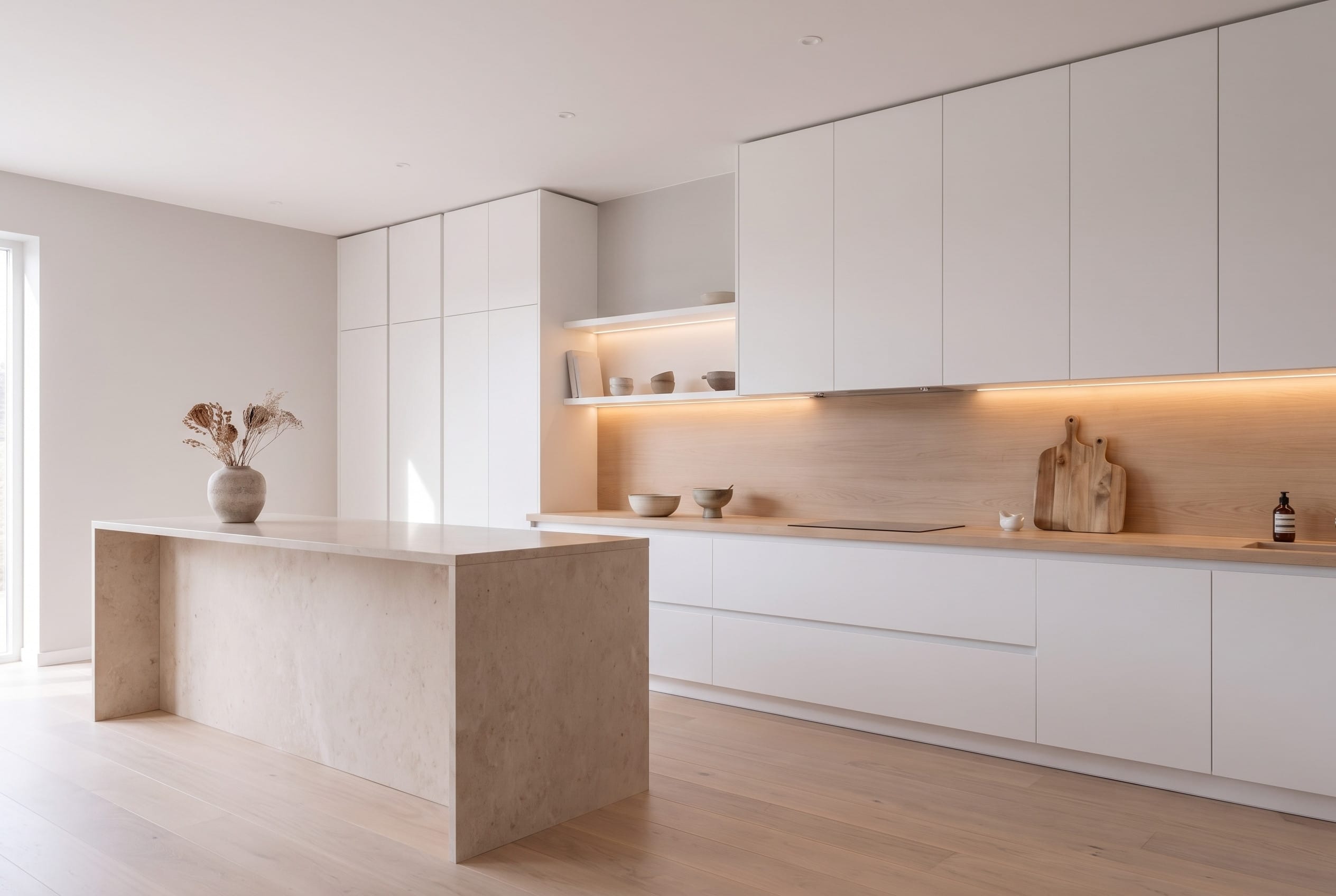 Chalk Handleless Wall Kitchen: island three quarter