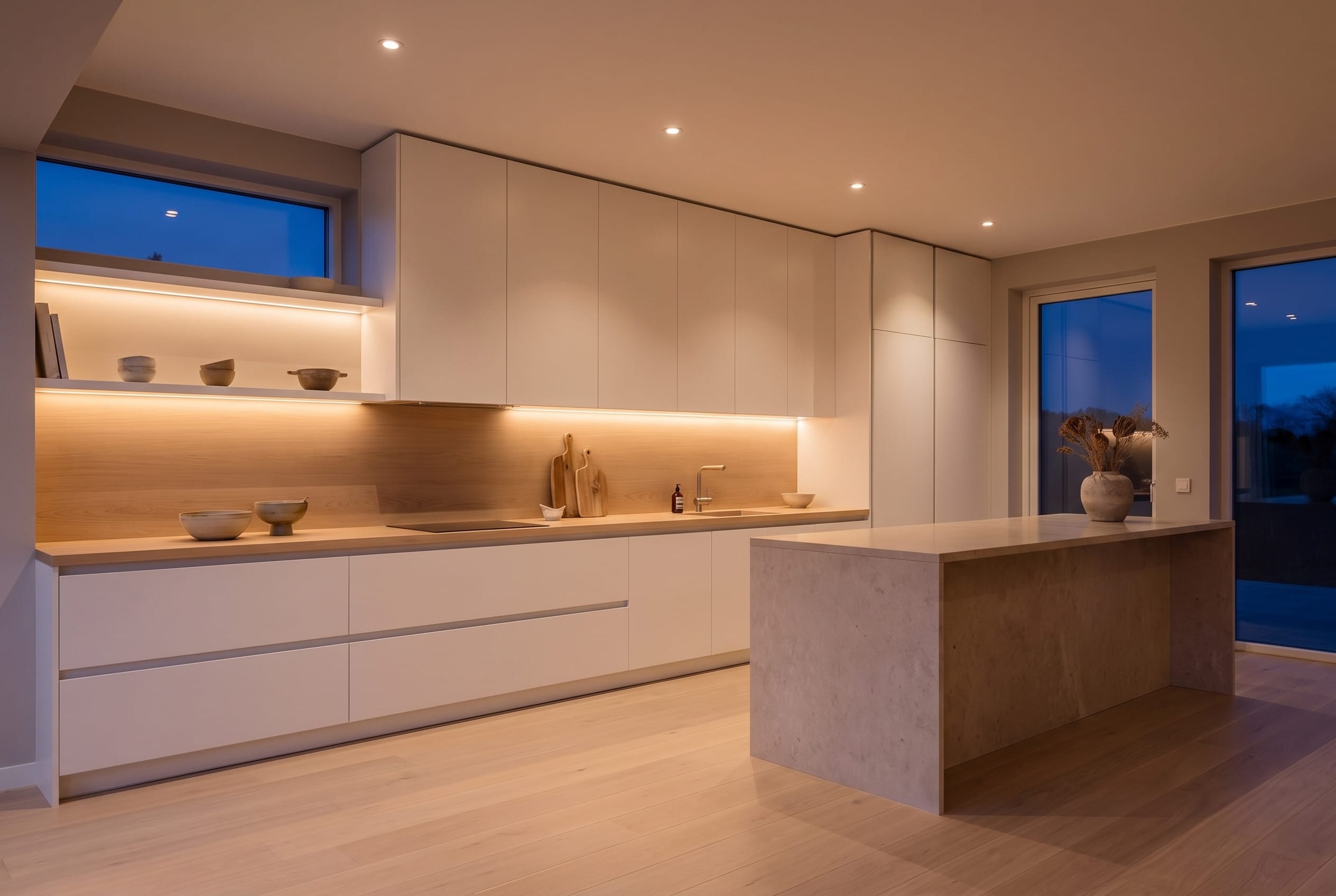 Chalk Handleless Wall Kitchen: evening light