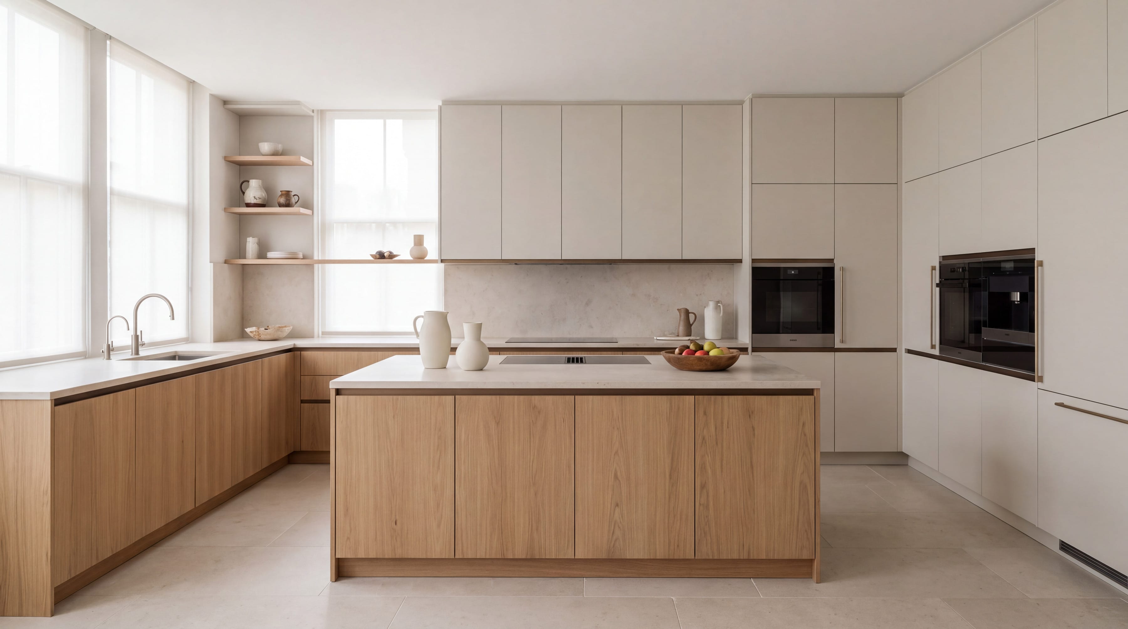 Oak and Limestone Two-tone Kitchen: wide view